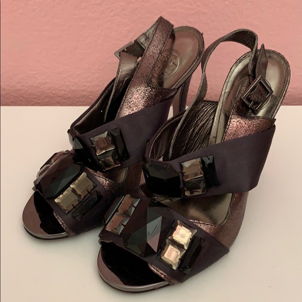 Tory Burch Bronze and Black Jeweled Slingback Heels